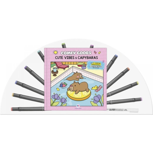 Cute vibes and capybaras - Livro para colorir com 12 canetinhas