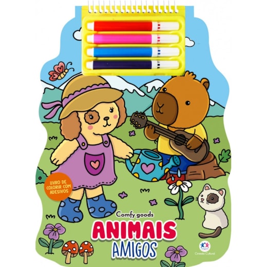 Livro Espiral recortado com canetinhas Animais Amigos: Colorir com Adesivos e Canetinhas