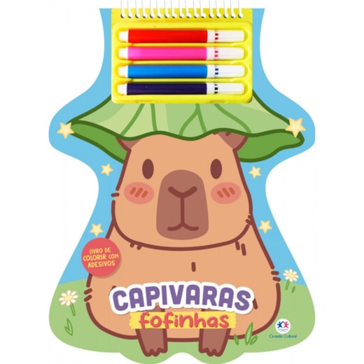 Livro Espiral recortado com canetinhas Capivaras Fofinhas com Adesivos e Canetinhas