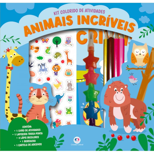 Livro Kit de colorir Animais incríveis - Kit livro com lapiseira, lápis borracha e adesivos