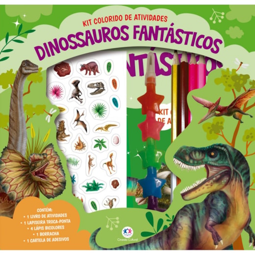 Livro Kit de colorir Dinossauros fantásticos - Kit livro com lapiseira, lápis borracha e adesivos