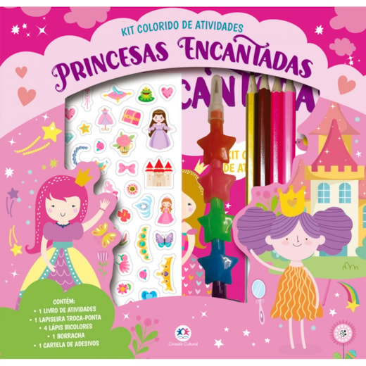 Livro Kit de colorir Princesas encantadas - Kit livro com lapiseira, lápis borracha e adesivos
