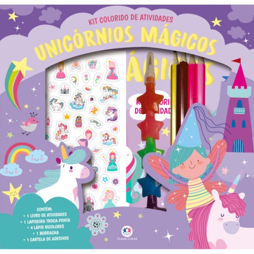 Livro Kit de colorir Unicórnios mágicos - Kit livro com lapiseira, lápis borracha e adesivos