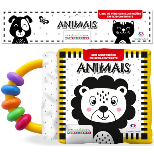 Livro Pano Animais - Livro de alto contraste com chocalho - Coleção Montessori