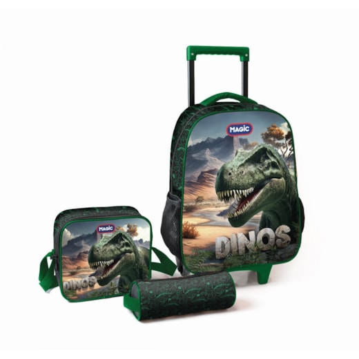 Mochila de rodinhas com estojo e lancheira - Dinos