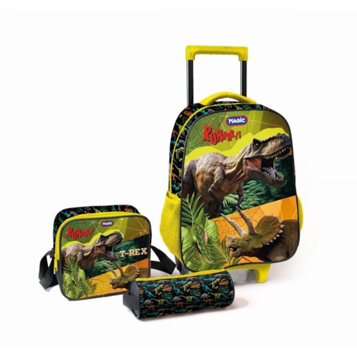 Mochila de rodinhas com estojo e lancheira - Dinossauro T-REX