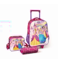 Mochila de rodinhas com estojo e lancheira - Princesas